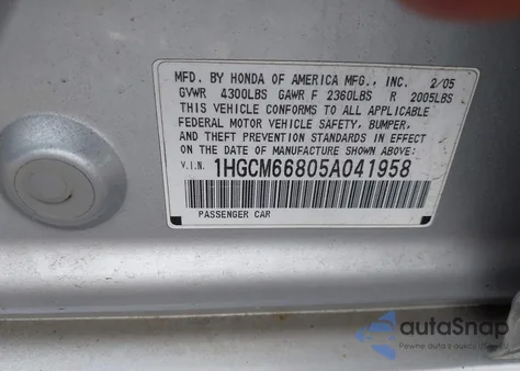 2005 Honda Accord 3.0 Ex z USA, uszkodzony, nr VIN 1HGCM66805A041958